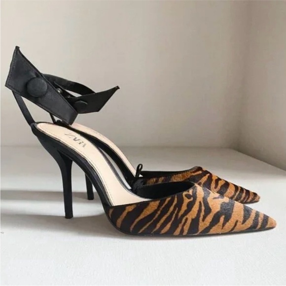 Zara limited edition pure leather Tiger Print Heels with...